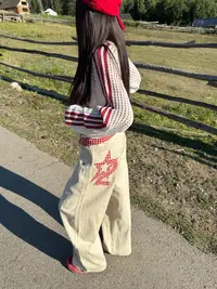 AMER 国潮美式街头字母大印花格子拼接弯刀休闲裤