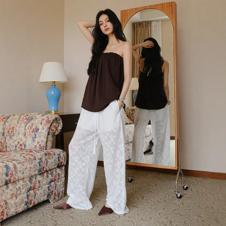 FRESH UP法式烂漫镂空蕾丝提花休闲裤女夏季高腰宽松直筒抽绳长裤