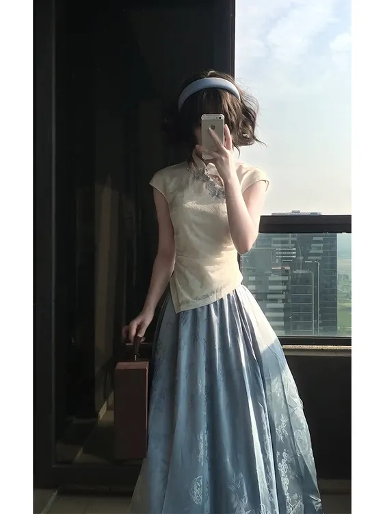 2025夏季新款国风新中式气质不规则上衣高腰显瘦半身裙两件套女