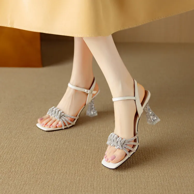 水晶跟时装凉鞋2025新款凉鞋女夏外穿高跟凉鞋真皮一字带夏季凉鞋