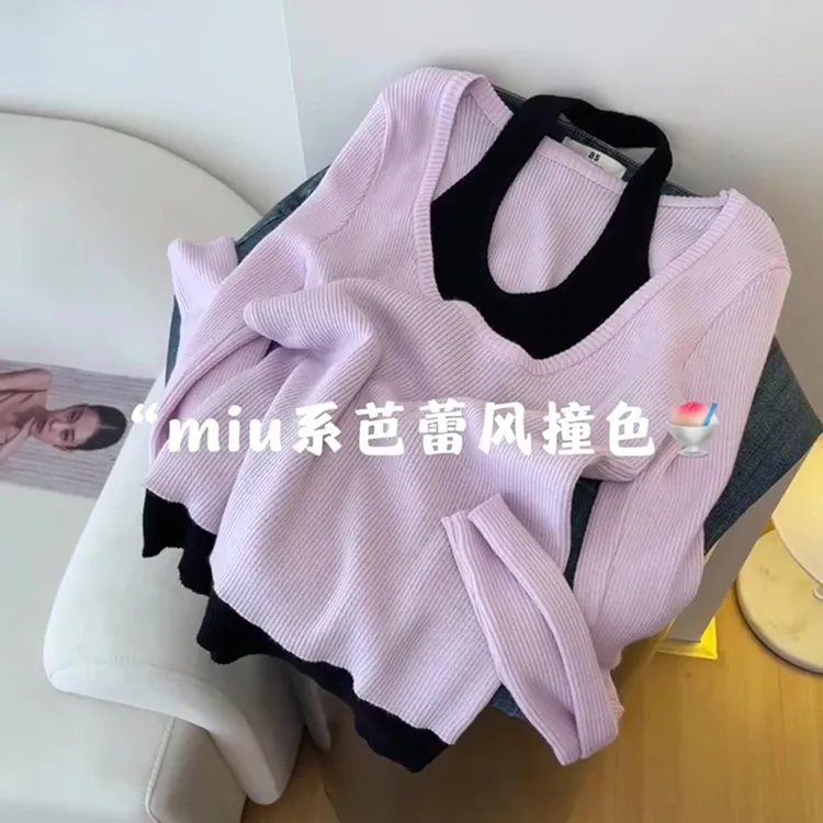 韩系少女感撞色假两件长袖针织衫女2025早秋新款时尚宽松百搭上衣