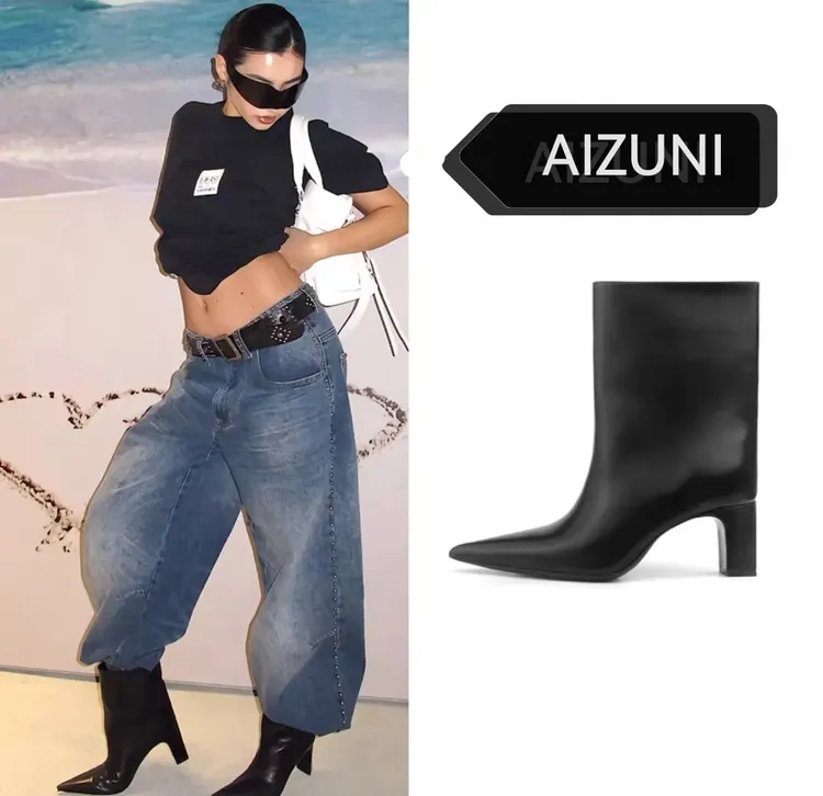 春春手工女鞋时尚气质真皮靴网红尖头高跟鞋粗跟舒适套f百搭矮靴