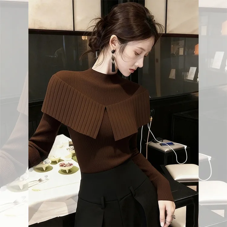 独特漂亮内搭咖色斗篷小衫设计小众假两件针织打底衫上衣女装秋冬