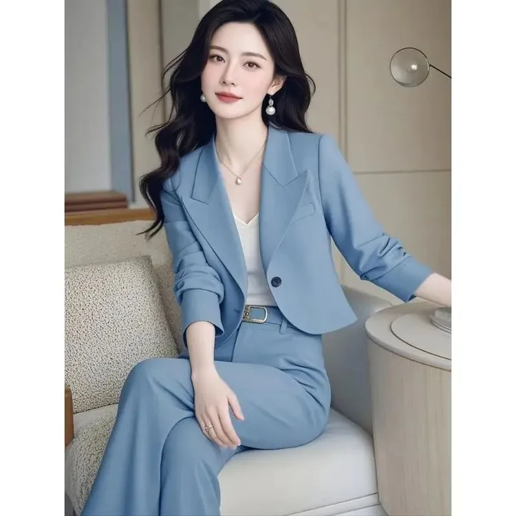 上班通勤穿搭职业高级感超好看休闲蓝色西装两件套装裤女早秋新款