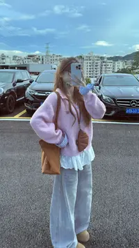 韩系复古灰色翻领长袖针织开衫女春秋新款慵懒风宽松显瘦毛衣