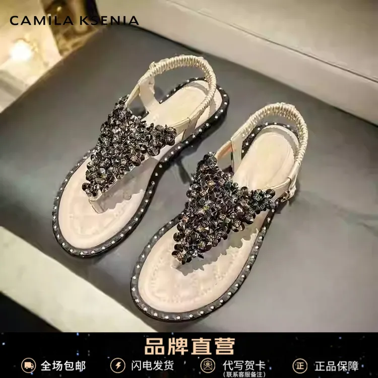 官网小c&k旗舰店2025夏季新款夹趾外穿凉鞋平底水钻百搭罗马凉鞋