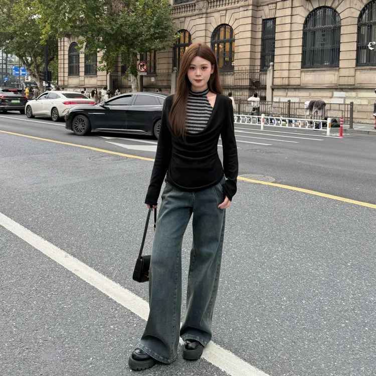 敏敏&南岛风大码女装秋针织条纹打底衫胖mm显瘦牛仔裤套装ZZM307