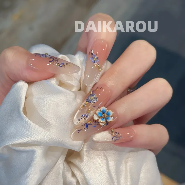 釉下蓝花 黛卡柔 预售 此度 中椭圆 长椭圆 长水滴手工穿戴甲10片