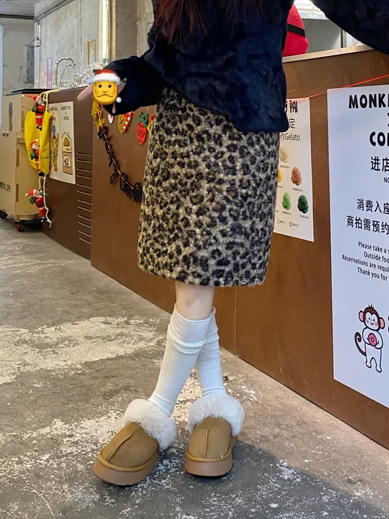 秋冬美式复古豹纹毛呢半身裙大码遮胯显瘦羊羔毛中长款A字短半裙