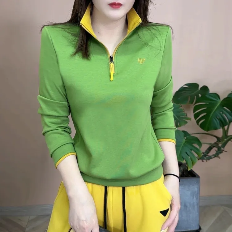 2025春季新品时尚百搭修身显瘦设计感半拉链显瘦女士长袖上衣7835