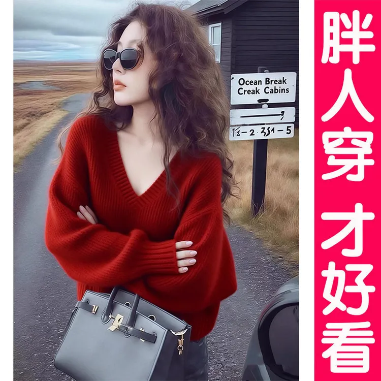 秋冬新款慵懒风时尚红色新年v领针织衫外穿加厚大码宽松显瘦毛衣