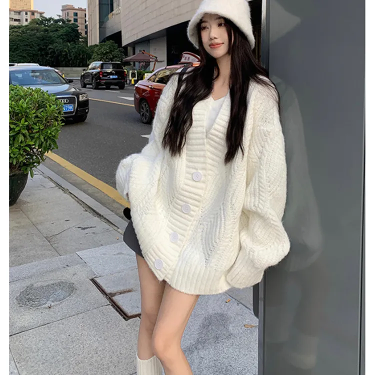 韩版秋冬暖呼呼慵懒风纯色V领长袖加厚毛衣开衫外套