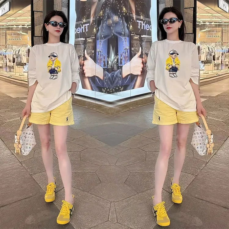 时尚卡通薄款长袖T恤显瘦个性气质穿搭一整套百搭短裤子夏季套装
