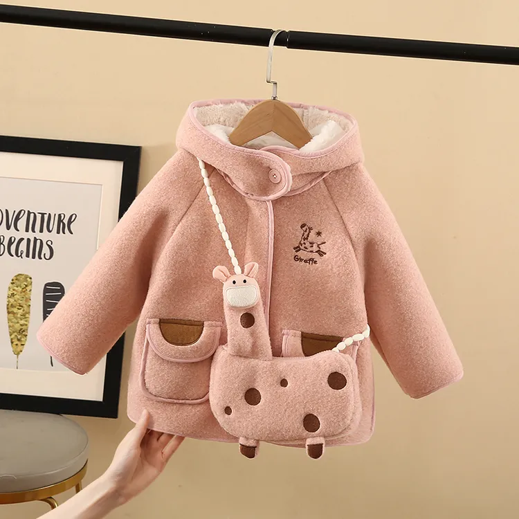 女童秋冬款仿兔毛外套儿童中长款连帽呢大衣宝宝卡通可爱保暖上衣