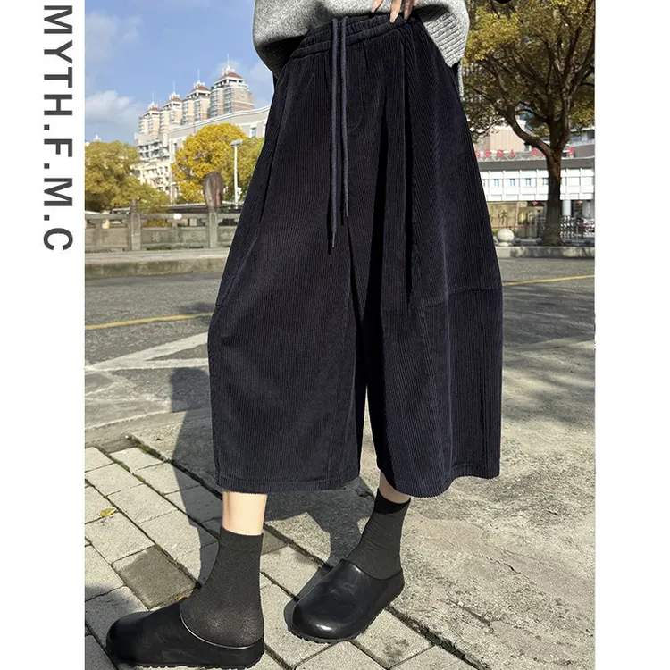 复古老钱风小个子巨好看的灯芯绒裤子女秋冬季宽松七分奶奶阔腿裤
