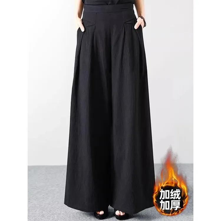 加绒加厚棉麻阔腿裤裙女冬季新款宽松高腰显瘦垂感直筒休闲大腿裤