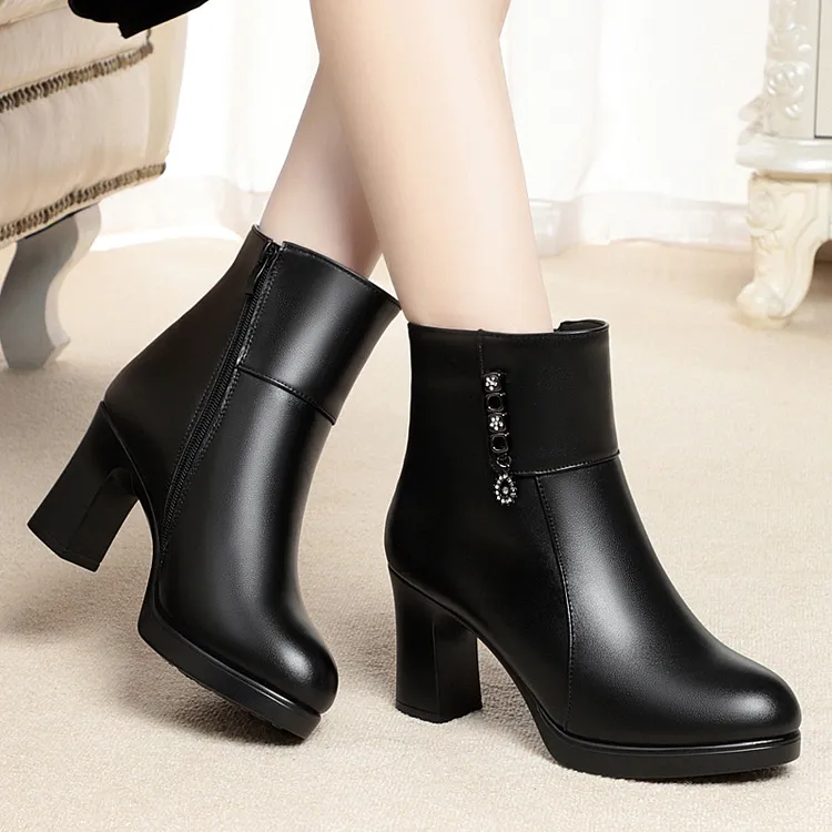 高跟真皮羊毛女短靴大棉鞋棉靴加绒保暖女鞋靴子粗跟厚底妈妈鞋子