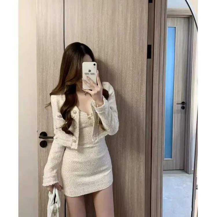 微胖妹妹大码女装秋冬新款轻熟御姐名媛气质小香风外套吊带连衣裙