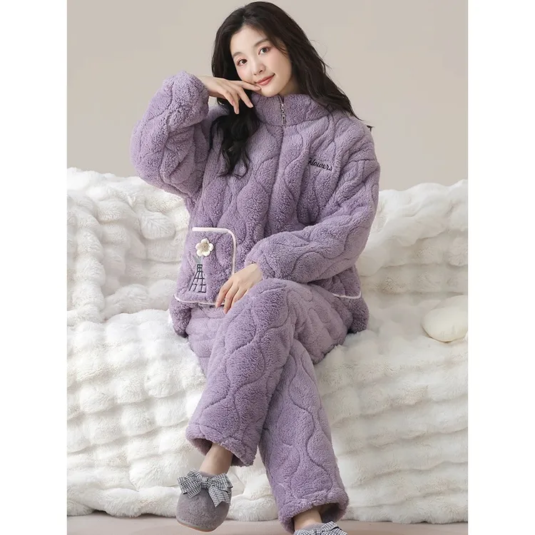三层夹棉睡衣女士冬季珊瑚绒加厚保暖高领棉袄超厚开衫家居服套装