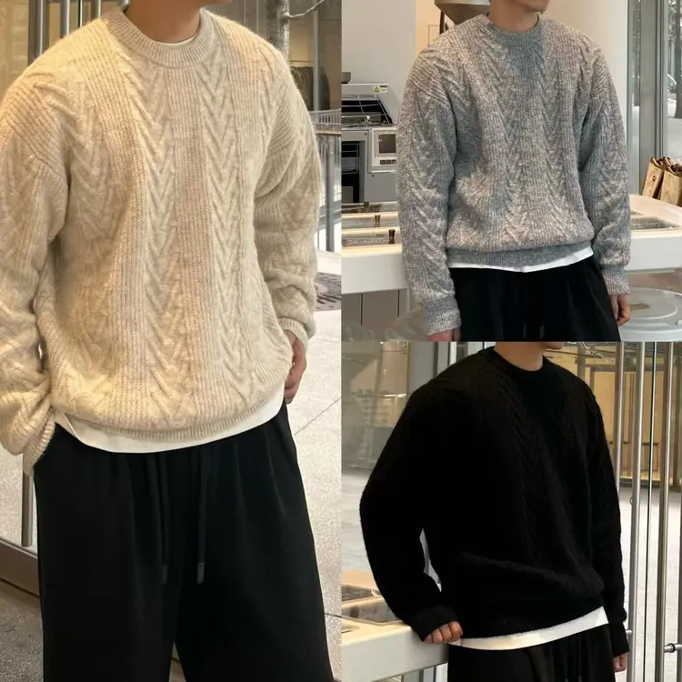 25冬季绵羊毛混纺鱼骨纹圆领宽松加厚款毛衣针织套头衫男