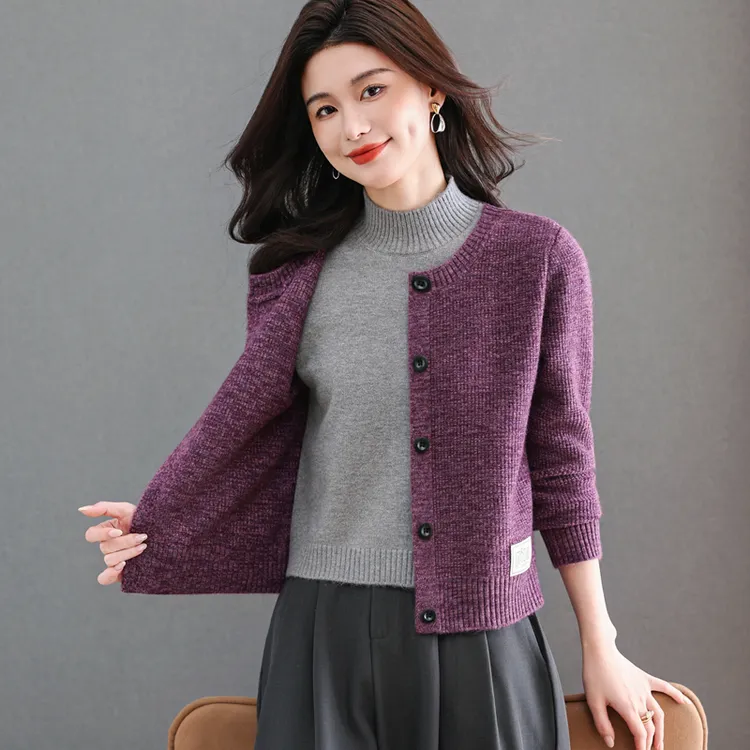 2025冬季新款时尚百搭假两件套女款短款毛衣针织开衫洋气厚款上衣