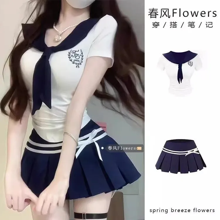 学院风海军领刺绣恤套装女夏季高腰百褶半身裙气质减龄短袖上衣