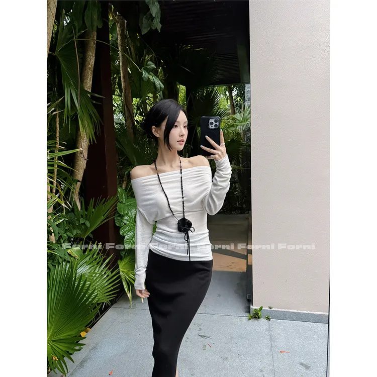 FORNI  贝微微 轻法式慵懒百变一字肩羊毛针织打底上衣