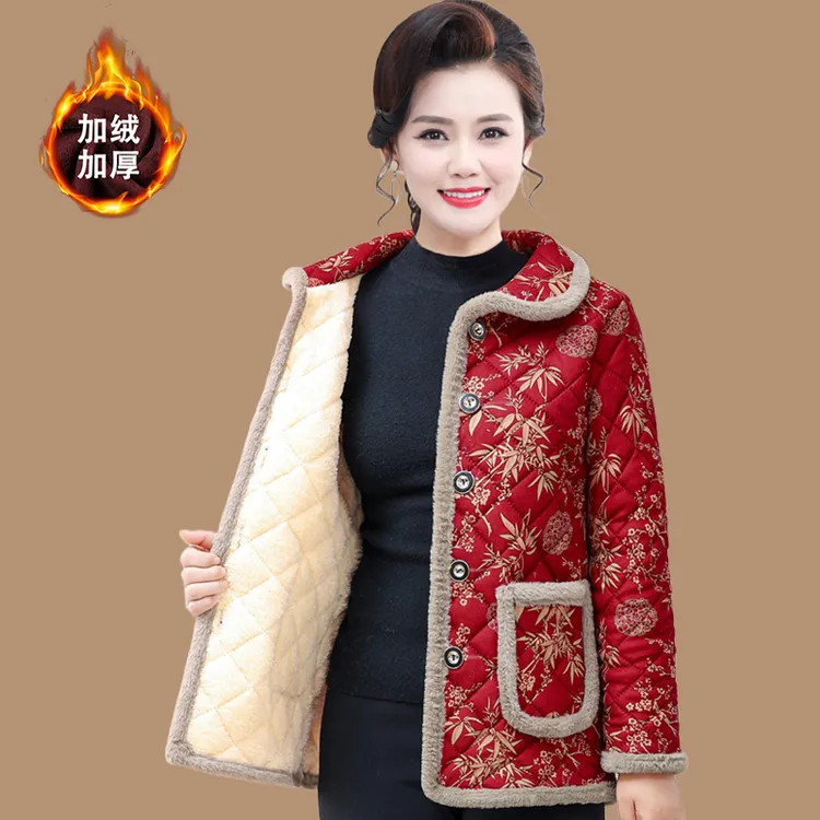 中老年女冬季棉衣洋气新款加绒妈妈花色棉服奶奶外套加厚保暖棉袄