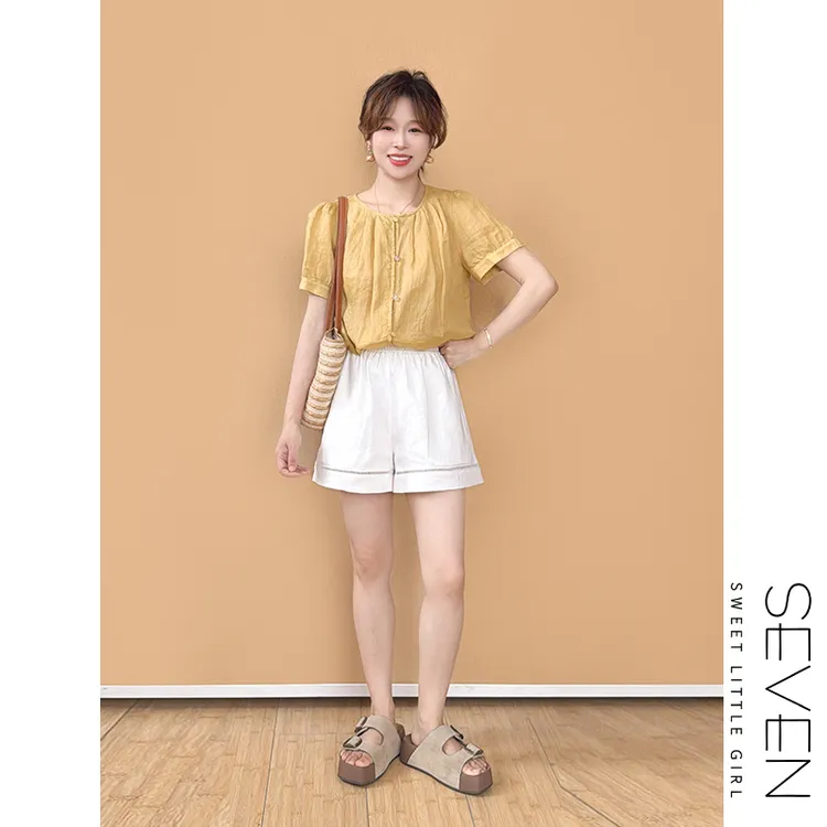 34亚麻热裤⑧七七146小个子100亚麻高腰a字阔腿短裤女夏季小美说