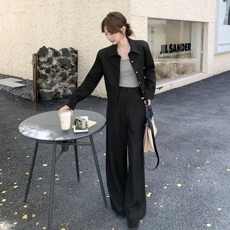 黑色韩范干练气质通勤工装套装裤女2025秋季新款外套阔腿裤两件套