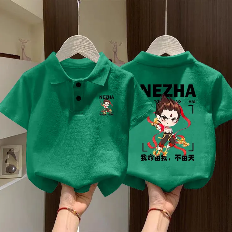新款男孩子魔丸哪吒卡通POLO衫短袖纯棉男童女童短袖半袖薄款宽松