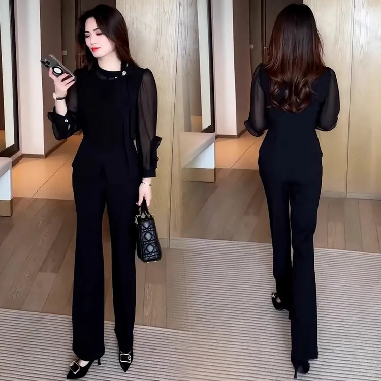 拉夏贝尔减龄显瘦时尚套装女夏季新款洋气长袖上衣阔腿裤两件套潮