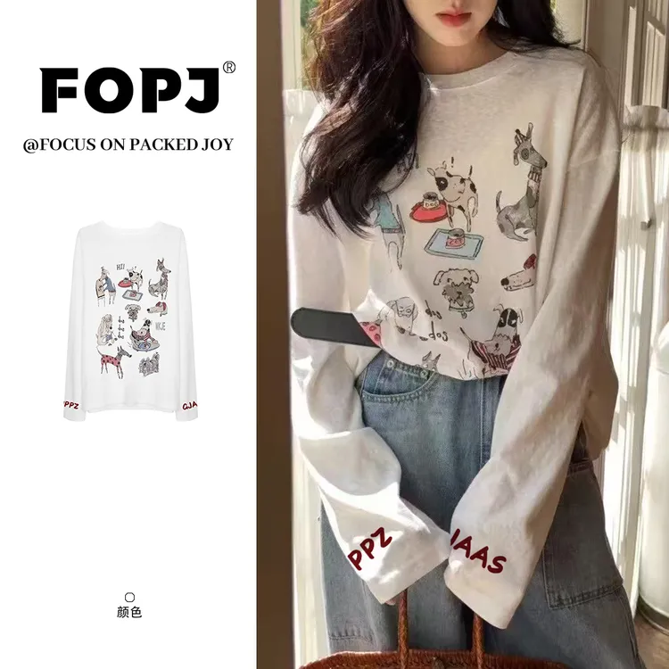 FOPJ设计感韩系少女风穿搭卡通小狗白色长袖t恤女时尚甜辣妹上衣
