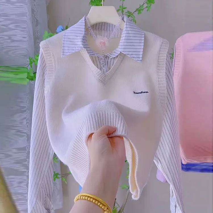 针织衬衫假两件毛衣女春秋短款学院风条纹马甲拼接软糯百搭上衣