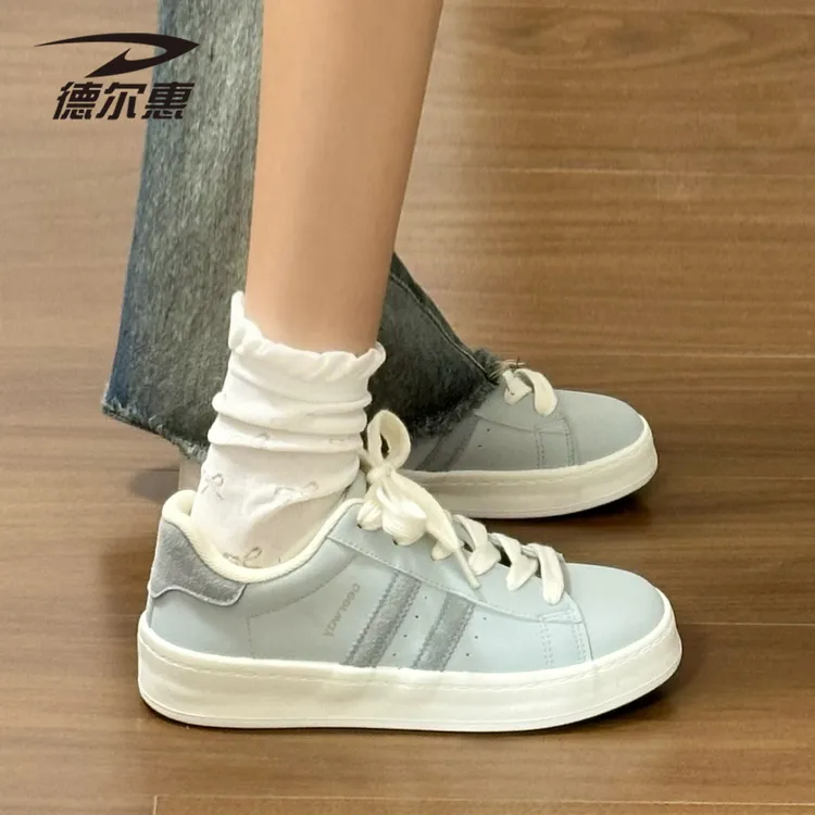德尔惠加绒板鞋女鞋2025秋冬季新款蓝色二棉鞋百搭chic鞋子小白鞋