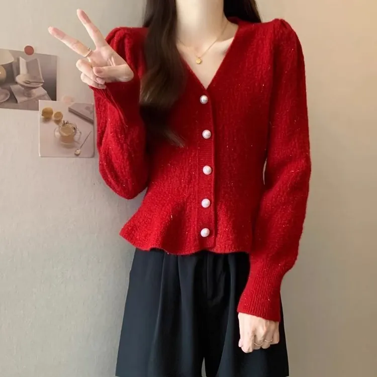 2024早春新款收腰气质V领针织开衫女长袖修身显瘦上衣毛衣外套女