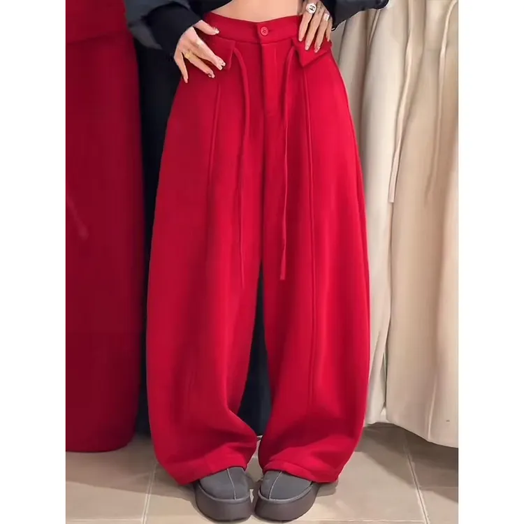 欧洲站2025冬装新款欧货女装休闲裤潮拖地加绒羊毛呢西装阔腿裤女