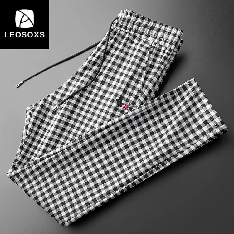 夏季高端休闲裤男轻奢时尚潮流英伦风格纹运动裤男士修身直筒卫裤