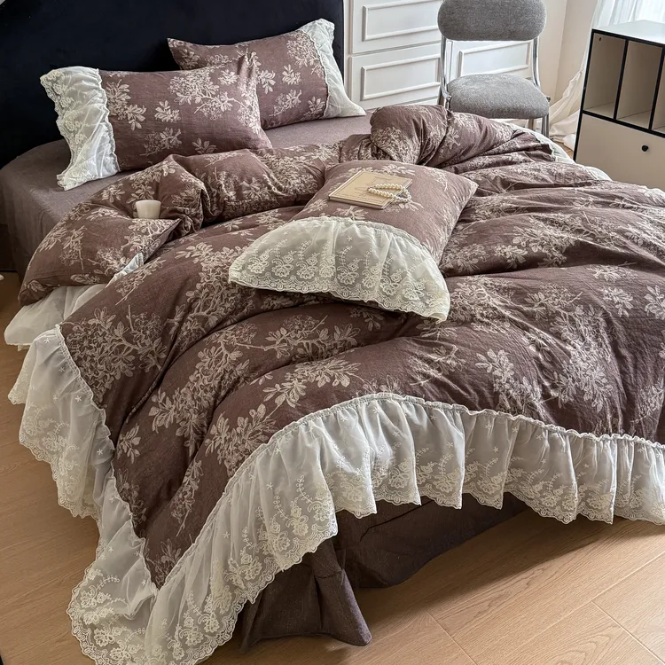 秋冬加厚定制款法式复古双层蕾丝花边亚麻皱皱纱四件套床上套件