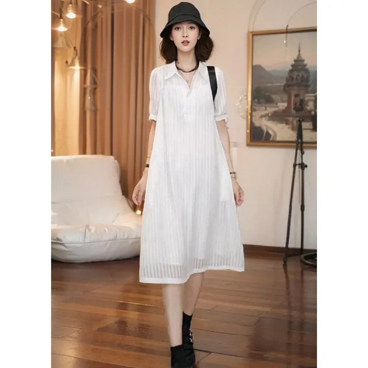 短袖连衣裙女夏季新款高级感宽松大码遮肉显瘦法式纯色中长款裙子