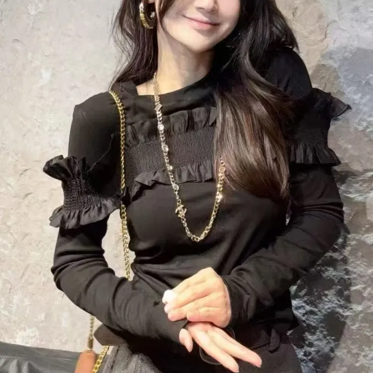 岚岚大码新款时尚潮流木耳边设计显瘦百搭女神衫2620