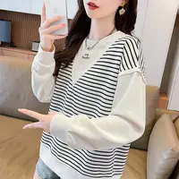 卫衣女春秋新款条纹长袖薄款拼接圆领洋气女装秋季宽松百搭上衣潮