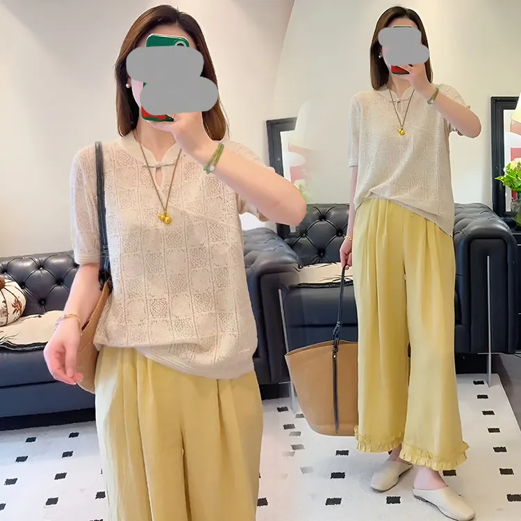 新中式镂空上衣阔腿裤两件套女2025夏季新款独特绝美设计感套装