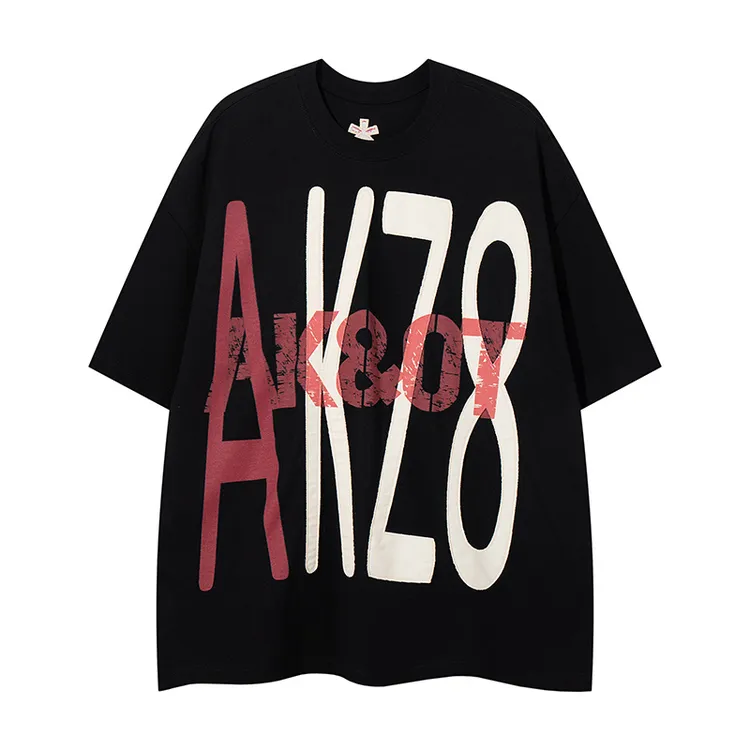 欧美街头运动风宽松休闲贴布绣圆领短袖T恤美式复古中性风印花短t