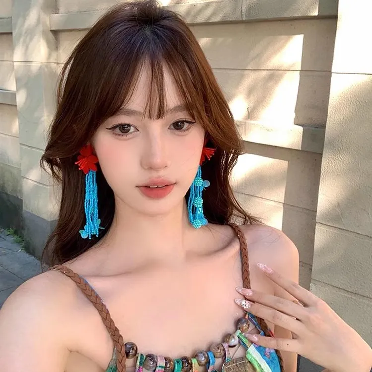 铜合金布艺耳饰 撞色花朵流苏耳环女度假风海边时尚夸张耳坠耳饰