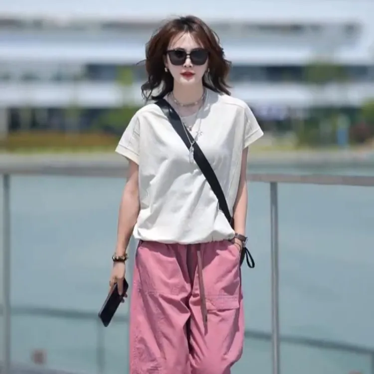 2025夏季新款女士休闲减龄套装宽松显瘦短袖T恤粉色哈伦裤两件套
