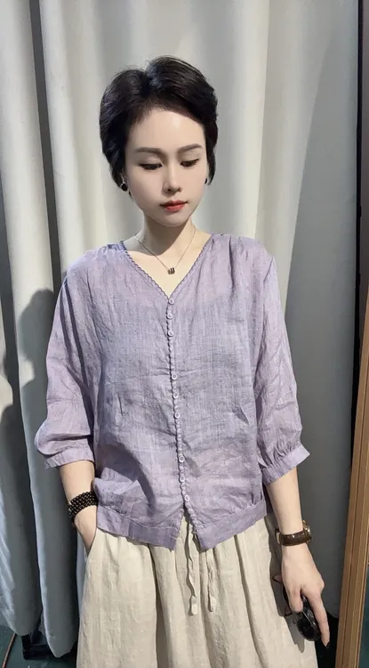 V字领国风衬衫宽松斜襟夏季中式民族风