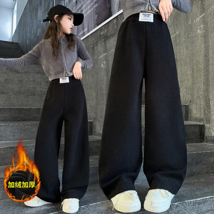 女童加绒裤子秋冬季6-12岁中大童2025新款洋气休闲宽松直筒阔腿裤