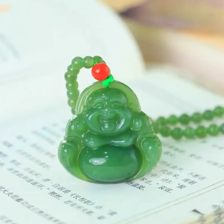国潮中式和田玉碧玉佛公笑佛守护神男女同款时尚百搭女款绿色气质