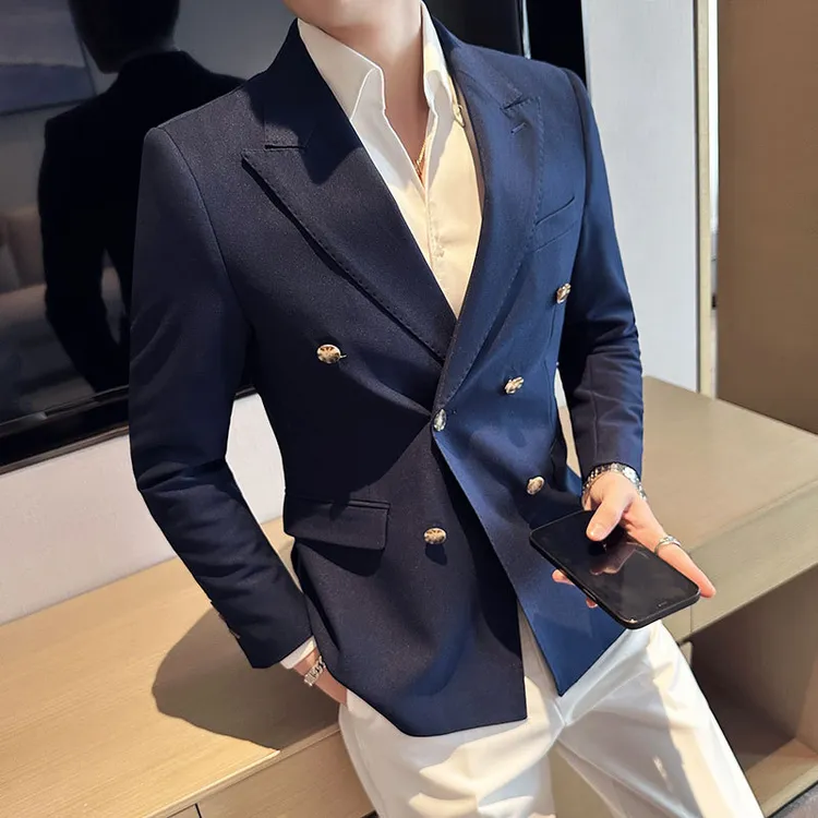 男士春秋休闲修身西装双排扣纯色潮流商务长袖单西上衣小西服外套